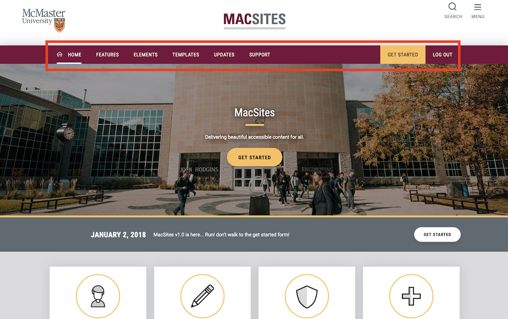 screenshot of the macsites header with a red outline around the top menu