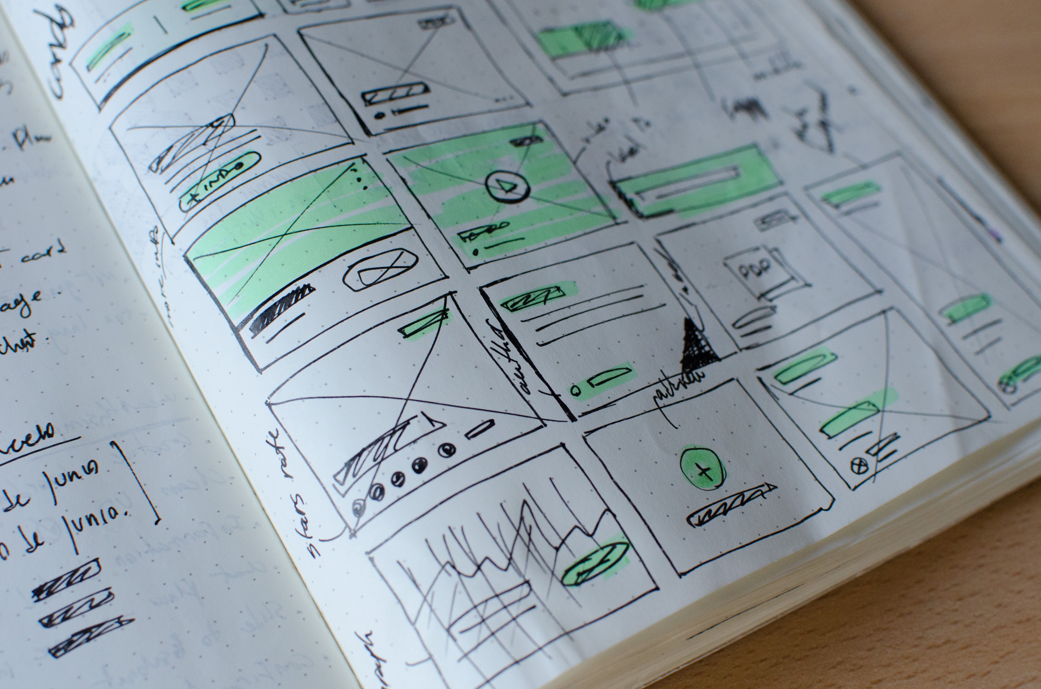 sketchbook with design panels with varied content