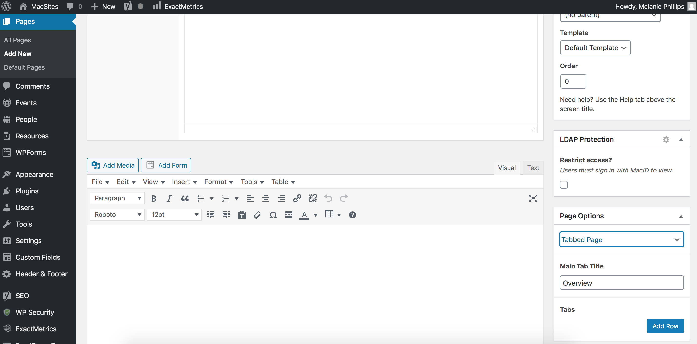 screenshot of editor showing Page Options dropdown